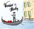 Venice Italy Hand Drawn Sketch Doodle Gondolier and lettering handwritten sign, grunge calligraphic text. Vector illustration Royalty Free Stock Photo