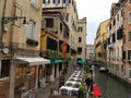 Venice, Italy - July 3,2018: Empty Venetian restaurant on one of the water streets