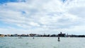 VENICE, ITALY - JULY 7, 2018: view from the sea to the Venetian islands. blue sea, sky, summer day. Burano, Murano, San Royalty Free Stock Photo