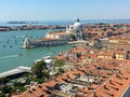 A view from the top of St Marks Campanile in St Marks Square of Santa Maria della Salute and the Grand Canal in Venice, Italy Royalty Free Stock Photo