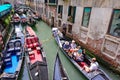 VENICE, ITALY - MAY, 2017. Crowded traffic of gondolas in Venice. Traffic jam. Large amounts of gondolas in one place. Europe. Royalty Free Stock Photo