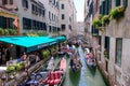 VENICE, ITALY - MAY, 2017. Crowded traffic of gondolas in Venice. Traffic jam. Large amounts of gondolas in one place. Europe. Royalty Free Stock Photo