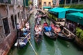 VENICE, ITALY - MAY, 2017. Crowded traffic of gondolas in Venice. Traffic jam. Large amounts of gondolas in one place. Europe. Royalty Free Stock Photo