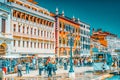 VENICE, ITALY - MAY 12, 2017 : Embankment of the Grand Canal and Ponte della Paglia with tourist near  Doge`s Palace and S.Marco Royalty Free Stock Photo