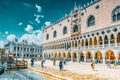 VENICE, ITALY - MAY 12, 2017 : Embankment of the Grand Canal with tourists and the Doge`s Palace Palazzo Ducale , Italy Royalty Free Stock Photo