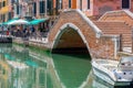 idyllic scene from Venice with stone bridges over the narrow water canals and people relaxing at a