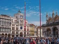 Venice, Italy - 08 May 2018: Panorama of the Piazza San Marco. Many tourists on the square. Left clock tower, on the Royalty Free Stock Photo