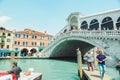 Venice, Italy - 25 May, 2019: tourists crowd at rialto bridge