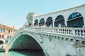 Venice, Italy - 25 May, 2019: tourists crowd at rialto bridge