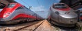 Venice, Italy - 08 May 2018: Two high-speed trains Trenitalia at the train station of Venice. Close-up. Trenitalia is