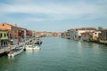 Venice, Italy May 18, 2015: View of beautiful canals and boats docked alongside the walkways in Venice Italy
