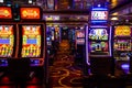 Venice, Italy - 14.10.2018: Modern empty casino hall with game machines in cruise ship Norwegian Star