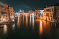 Venice, Italy. Night scene at Grand Canal with reflected light at water surface. Majestic Basilica di Santa Maria della Royalty Free Stock Photo