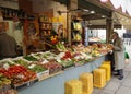 Venice, Italy - 15 Nov, 2022: Fresh fruit and vegetables on sale at the Mercato di Rialto market