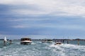 Venice, Italy - October, 6 2019: Vaporetti or Venetian public water buses and water taxi. Public transport route