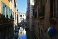 Venice, Italy, October 2021: View of a narrow canal surrounded by old brick houses in Venice. Royalty Free Stock Photo