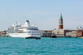 Venice, Italy panorama on beautiful day with cruise ship floating by.