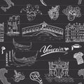 Venice Italy seamless pattern. Hand drawn sketch with map of Italy, gondolas, gondolier clothes, carnival venetian masks, houses,