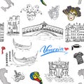 Venice Italy seamless pattern. Hand drawn sketch with map of Italy, gondolas, gondolier clothes, carnival venetian masks, houses,