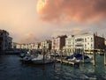 Venice, Italy - September 02, 2018: Dramatic wide angle landscape of Grand canal and Italian colorful houses, View of motor Boat Royalty Free Stock Photo