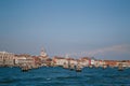 VENICE, ITALY - SEPTEMBER, 9 2018: Panoramic view of Venice, Italy from the Giudecca Canal with the wooden mooring poles