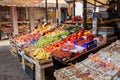 Venice, Italy - september 2016: Rialto fish markets. Vegetables, fruits, spices are on counter.