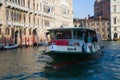 Vaporetto - city motor ship on the Grand Canal close-up. Venice, Italy Royalty Free Stock Photo