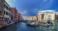Venice, Italy - September 03, 2018: Wide angle panorama shot of canal view from Rialto bridge Royalty Free Stock Photo