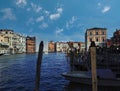 Venice, Italy - September 02, 2018: A wide angle shot of colorful building exterior on grand canal near Rialto bridge against Royalty Free Stock Photo