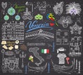 Venice Italy sketch elements. Hand drawn set with flag, map, gondolas gondolier clothe, houses, pizza, traditional sweets, carniva Royalty Free Stock Photo