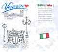 Venice Italy sketch elements. Hand drawn set with flag, map, gondolas, houses, market bridge. Lettering Venice, welcome in Italian