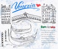 Venice Italy sketch elements. Hand drawn set with flag, map, gondolas, houses, market bridge. Lettering Venice, welcome in Italian