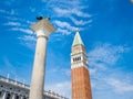 Venice, Italy, super wide angle of Bell Tower and Lion column of Saint Mark