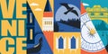 Venice, Italy vector banner, illustration. City skyline, historical buildings