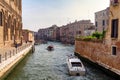 Venice, Italy. Wide city canal with motor boats