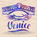 Venice label with hand drawn the Rialto Bridge, lettering Venice with watercolor fill on a crumpled paper