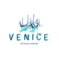Venice logo template with two Gondolas in Venice, Italy. Hand drawn vector sketch logo with moored gondolas.
