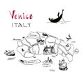 Venice map hand drawn illustration. Floating gondola with gondolier on canal. Black ink pen sketch. City architecture. Freehand