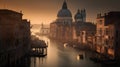 Venice in mist on sunrise, beautiful view from Academia Bridge, AI generative