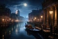 Venice at night with gondola and Santa Maria della Salute church, An elegant gondola floating on a moonlit Venetian canal, AI