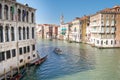Venice panorama: canal, gondola, boats and old brick houses in Venice, Italy, Europe