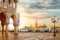 Venice postcard. World famous Venice landmarks. St. Mark`s San Marco square with San Giorgio Maggiore church during amazing sunri Royalty Free Stock Photo