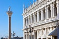 Venice, Saint Theodore statue and Marciana library facade in Italy