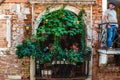 Venice September 4 2018: Beautiful view of the cafe windows, with tourists sitting in it, decorated with vertically growing plants