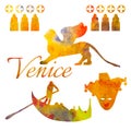 Venice. Set of watercolor objects. Gondola, lion, mask.