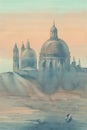 Venice silhouette in the morning mist watercolor Royalty Free Stock Photo