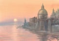 Venice silhouette in the morning mist watercolor Royalty Free Stock Photo