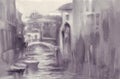 Venice in snow watercolor landscape. A canal with gondolas under the bridge