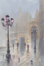 Venice in snow watercolor landscape. Morning mist with lamps and pigeons