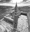 Venice St Marks Square, artistic top view in black and white, including St Marks Campanile Italy Europe Royalty Free Stock Photo